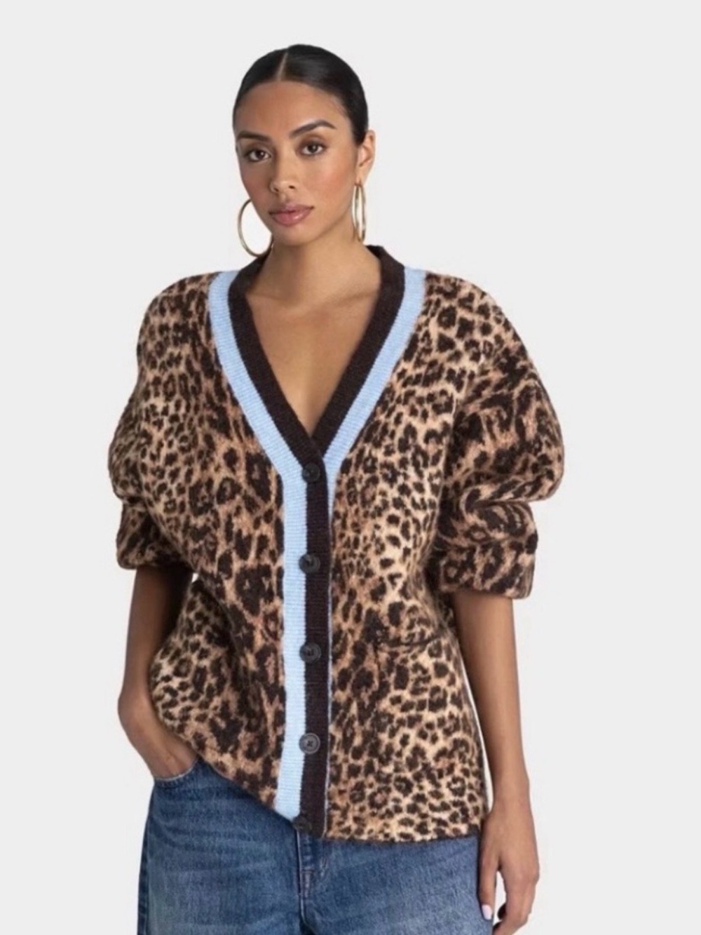Leopard Print V-Neck Button Cardigan with Blue Trim -